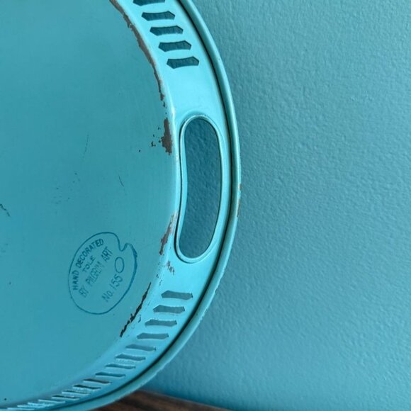 Vintage Turquoise Toleware Pilgrim Art Oval Tray 155 Reticulated Hand Painted - Picture 8 of 10